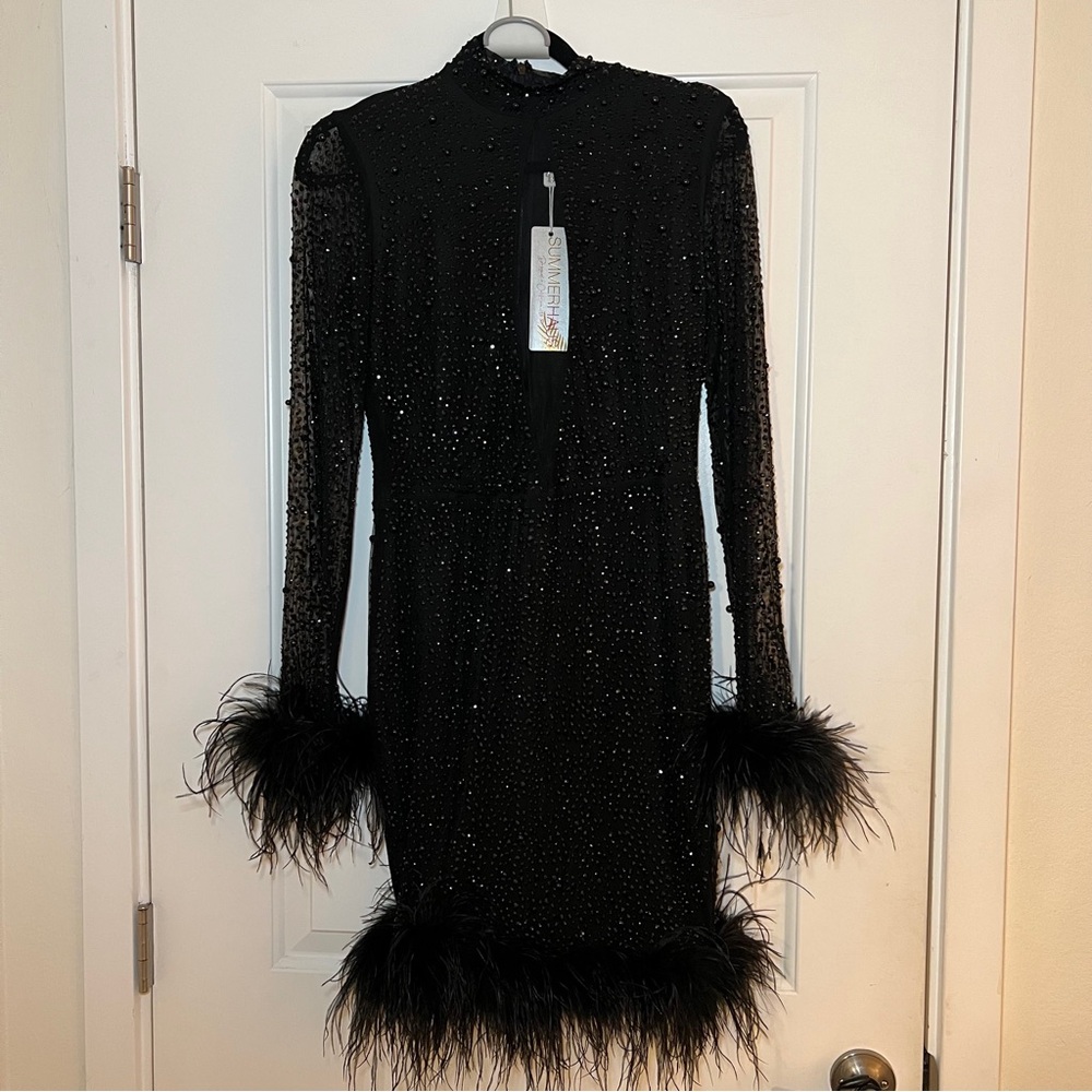 Beach Bunny Summer Haus Adore You Black Feather and Rhinestone Dress Size L